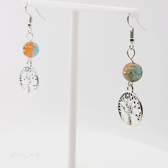 Tree of Life Blue Orange Fire Agate Tibetan Silver Toned Earrings - Picture 2 of 4